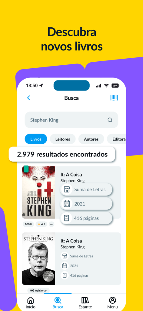 Skoob - Organize suas leituras - Skoob app search screen displaying results for Stephen King books