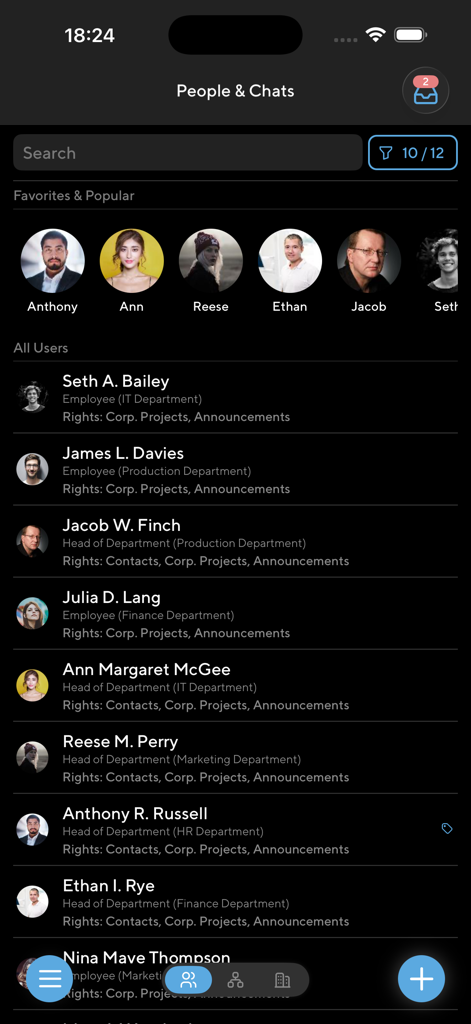 Rubrica aziendale e directory dei dipendenti nell'app Projecto che mostra profili utente e dettagli del dipartimento