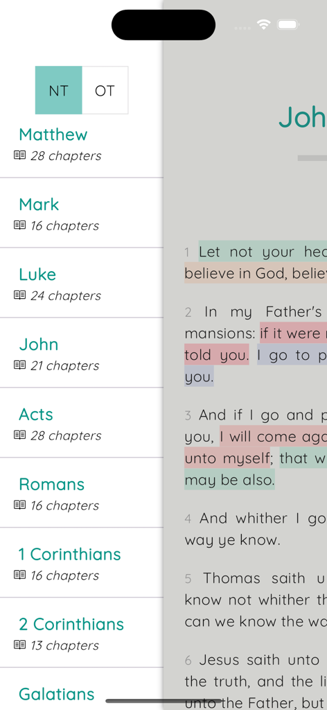 ionBible: Read, Study & Listen - ionBible app interface showing a sidebar with New Testament books and highlighted verses from the Gospel of John