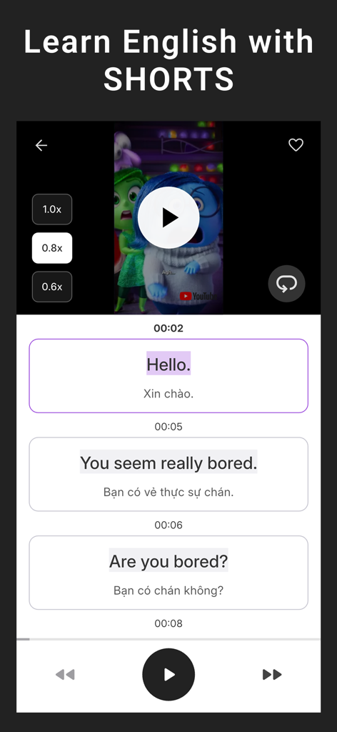 Lang Shadow: English Shadowing - Mobile app interface showing an English shadowing lesson with a video player, adjustable playback speeds, and bilingual transcripts