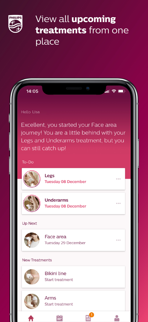 Philips Lumea IPL - Philips Lumea IPL app screen displaying a personalized treatment schedule for various body areas