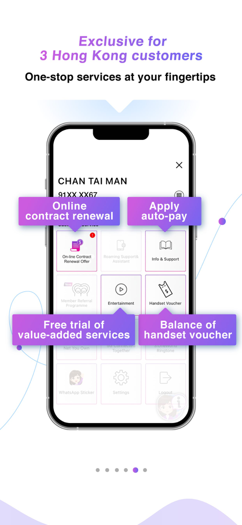 My3 - My3 app dashboard showing account management services like contract renewal and handset voucher balance