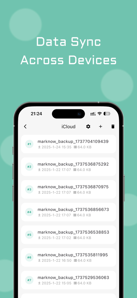 MarkNow: Habit & Daily Tracker - MarkNow habit tracker app interface showing iCloud backup and data sync features across devices.