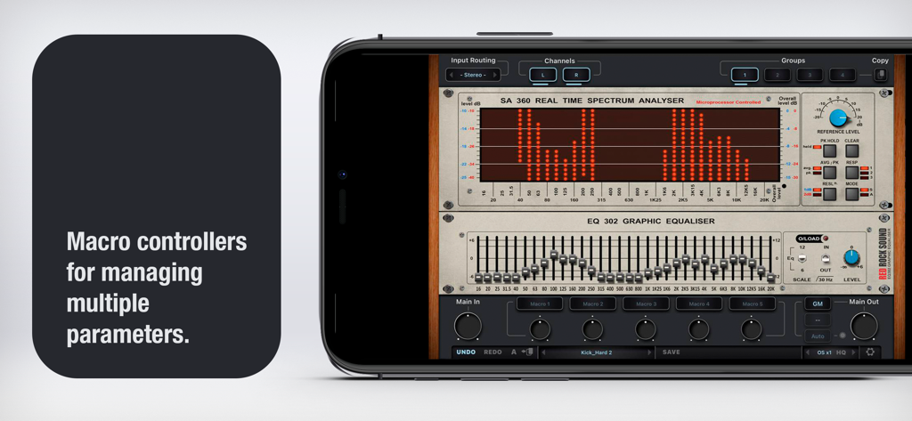 SA60 - SA60 app interface showing a real time spectrum analyzer and macro controllers for parameter management