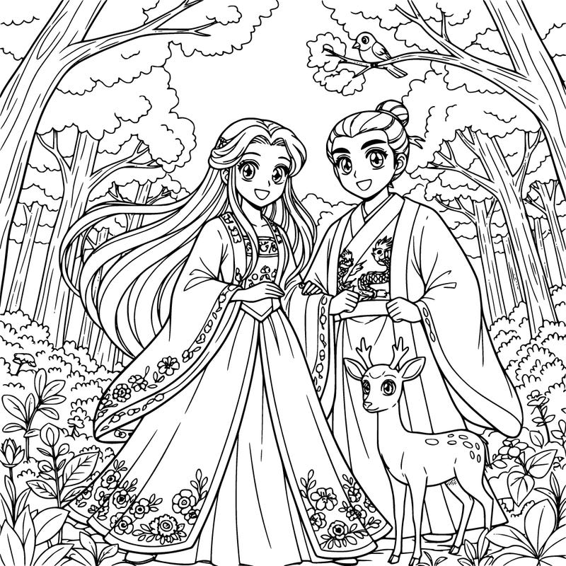 a princess with long hair, a delicate dress, and delicate features, in a beautiful forest, and a prince in the style of a chinese man.