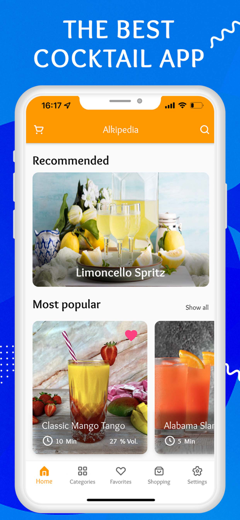 Alkipedia - Cocktail Recipes - Alkipedia cocktail recipes app home screen featuring recommended and popular drinks like Limoncello Spritz.
