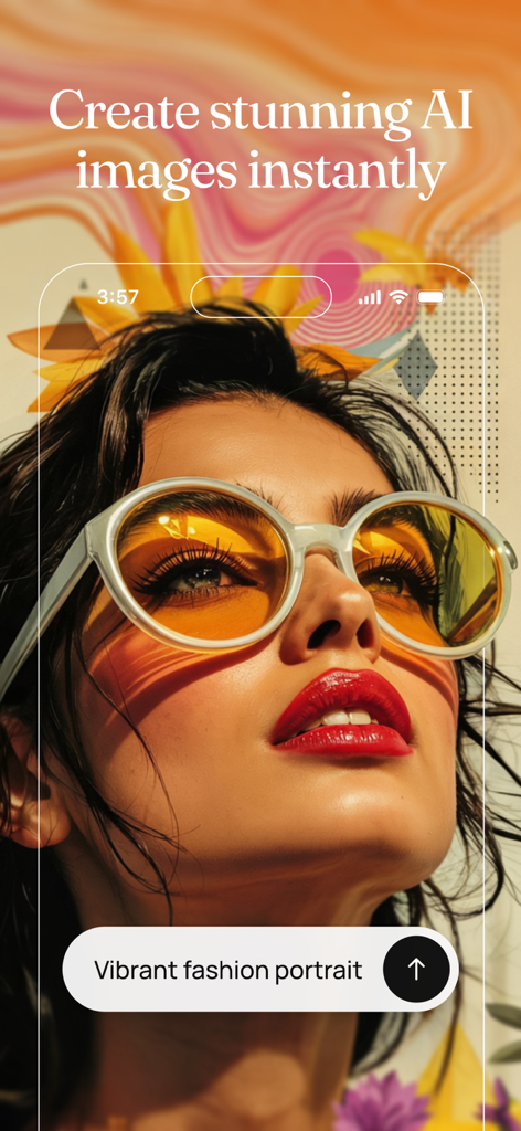 Ideogram AI - Image Generator - KI-generiertes, lebendiges Modeporträt einer Frau mit gelber Sonnenbrille in der Ideogram AI App-Oberfläche