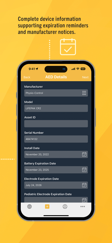 Smartphone screen showing AED device details and maintenance expiration tracking