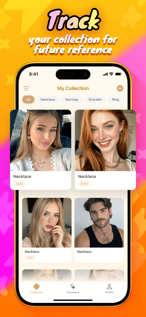Jorvi - Collect & Connect - Digital jewelry collection gallery in the Jorvi app showing necklace category and user photos