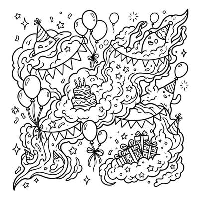 Explore a truly out-of-this-world coloring experience with our Flame Nebula Birthday Party design, where cosmic wonders meet festive fun. This intricate page blends the swirling beauty of a nebula with delightful birthday elements, perfect for imaginative colorists.