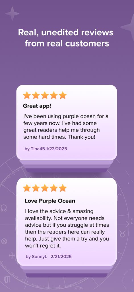 Purple Ocean Psychic Reading - Five-star customer reviews for Purple Ocean Psychic Reading app showing positive user feedback.