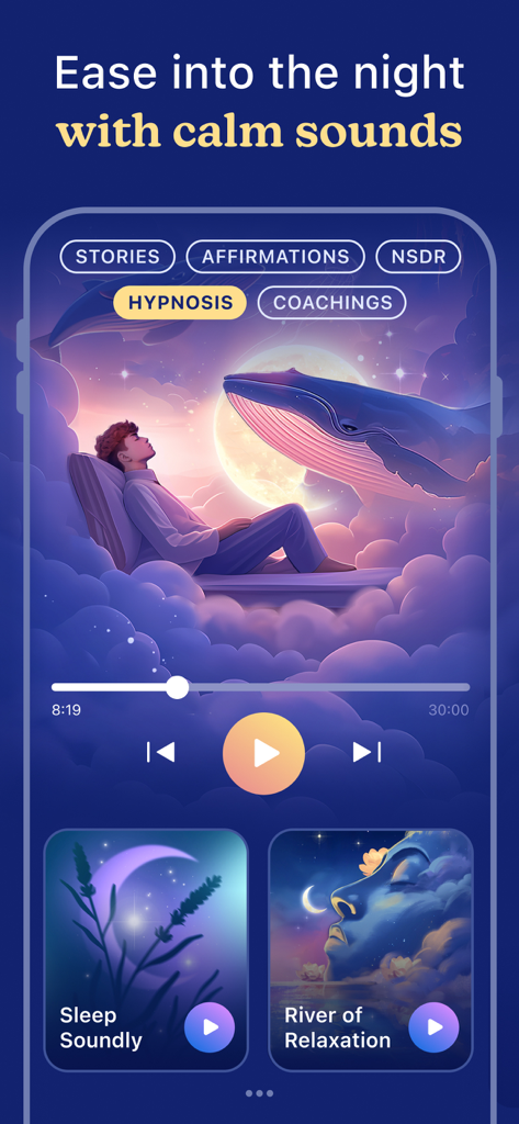 Lune: Bedtime Sleep Routine - Luneアプリの睡眠瞑想プレーヤー。オーディオカテゴリとクジラがいる穏やかな夜のイラストが表示されています。