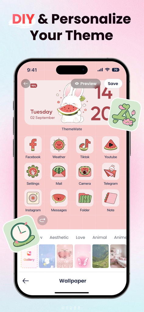 ThemeMate - Widgets & Themes - Capture d'écran de la personnalisation de thème DIY sur l'application ThemeMate présentant un lapin pastel et une esthétique pastèque avec des icônes et des widgets personnalisés.