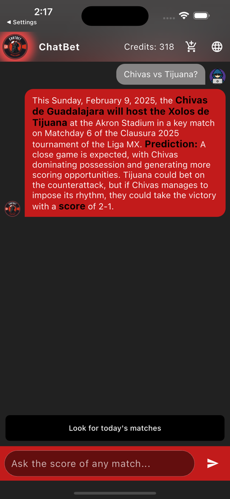 Chat interface of ChatBet app showing a detailed soccer match prediction and score analysis
