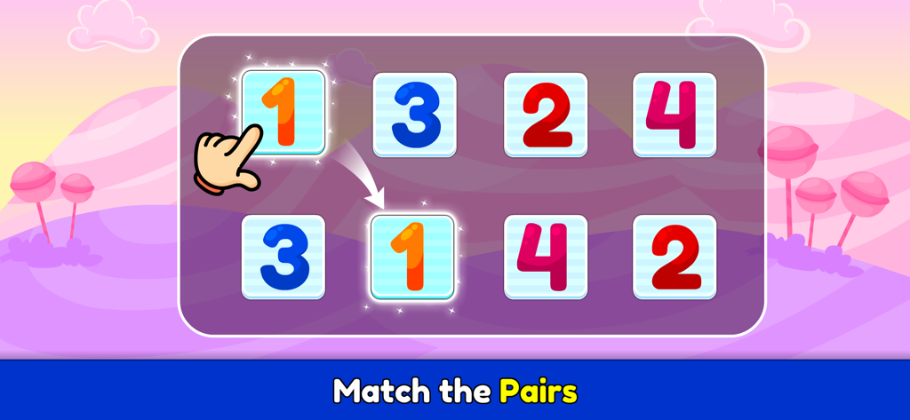 An educational number matching game for kids showing tiles with numbers 1 to 4 and a hand pointing to a pair