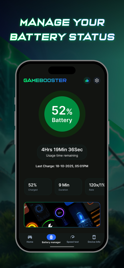 Game Booster: GFX Tool No Lag - Game Booster app battery management dashboard showing usage time and charging status