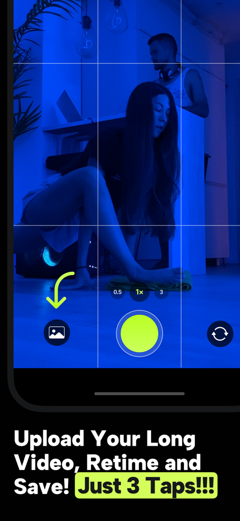 Hyperlapse Timelapse Video Cam - Interface de l'application Hyperlapse montrant un processus en trois étapes pour télécharger et modifier la vitesse de vidéos longues pour les réseaux sociaux.