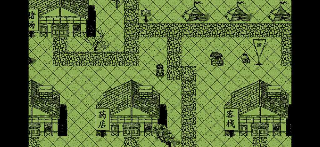 英雄群侠传 - Scena di città retrò in pixel art verde monocromatica in Heroic Group of Heroes