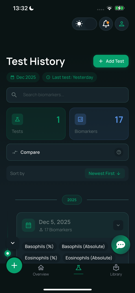 Health3: Blood Work Tracker - Interface of the Health3 app showing the blood test history dashboard with biomarker counts and dates