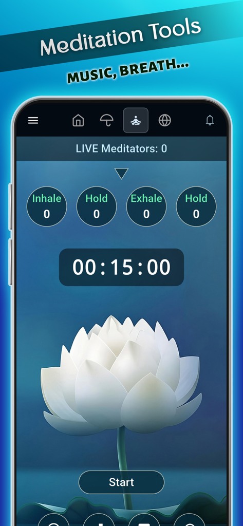 Buddha Quotes: Buddhist Wisdom - Temporizador de meditación y pantalla del asistente de respiración con un fondo de flor de loto blanca.
