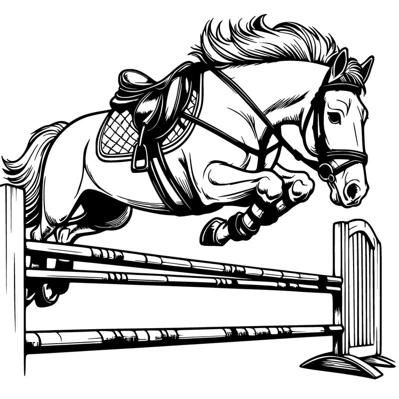 a realistic horse jumping in high jump with a saddle and bridle on
