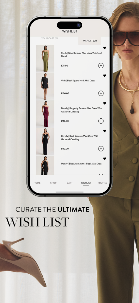 Tela de lista de desejos do aplicativo Club L London com uma seleção de vestidos de noite glamorosos