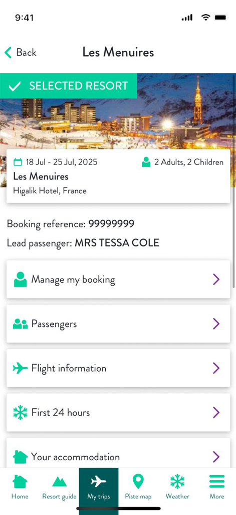 Crystal Ski Explorer - A screenshot of the Crystal Ski Explorer app displaying a trip itinerary for a ski resort in France.