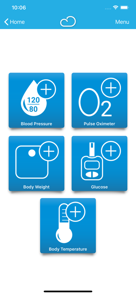 Connected Health - Connected Health app screen showing options to track blood pressure pulse oximeter weight glucose and body temperature