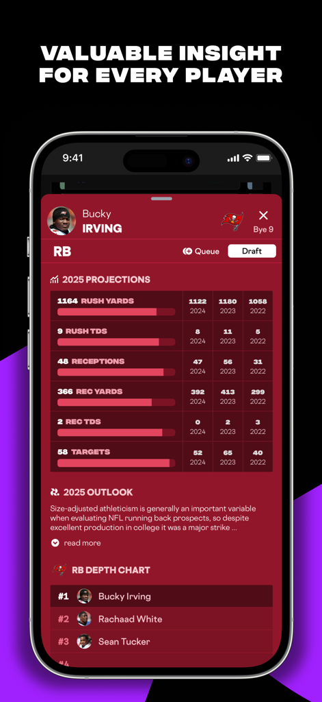 RotoWire app screen showing detailed 2025 projections and depth chart for an NFL running back.