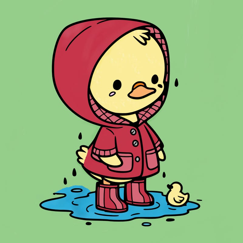 baby duck in a rain coat and boots, in a puddle while it’s raining