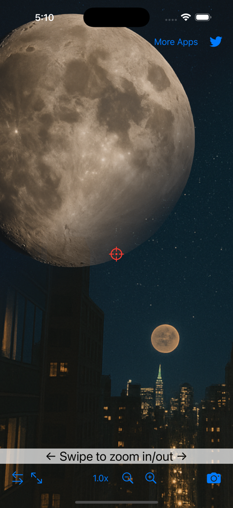 Zoom Camera :InfiniTelescope - InfiniTelescope app interface showing extreme digital zoom of the moon over a city skyline