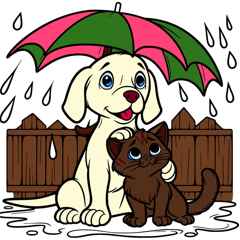 a realistic dog and cat protecting each other from a rain storm
