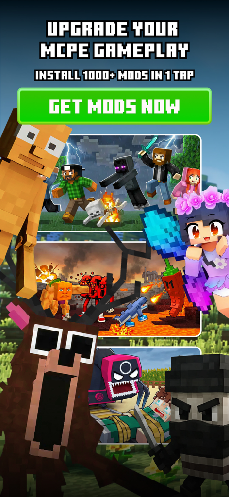 Mods & Addons for Minecraft - Pantalla promocional de mods y complementos de Minecraft que presenta diversos temas de personajes y mejoras de jugabilidad