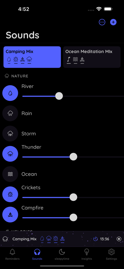 sleepytime calculator - Interface of the Sleepytime Calculator app showing a customizable sound mixer with nature sounds like rain and campfire for sleeping.