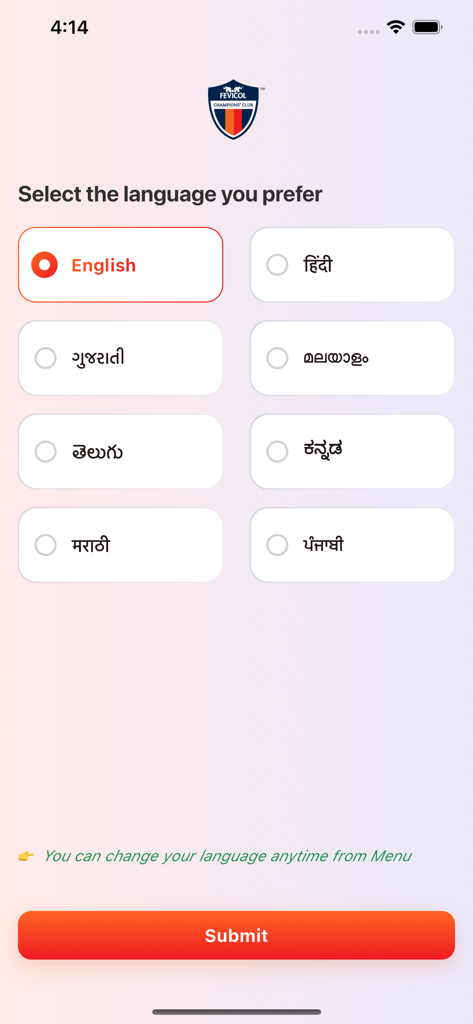 Auswahlbildschirm für die Sprache in der Fevicol Champions Club-App mit verschiedenen indischen Sprachoptionen