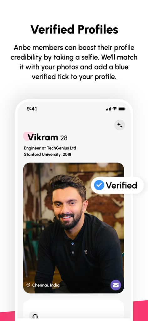 Anbe - Date The Tamil Way - A mobile screen showing the Verified Profiles feature of the Anbe dating app with a blue verification badge on a user profile
