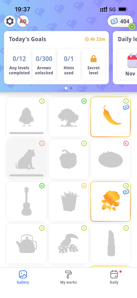 Tap Arrows Gallery: Brain Game - The gallery interface of the Tap Arrows Gallery app displaying various puzzle levels and daily goals.