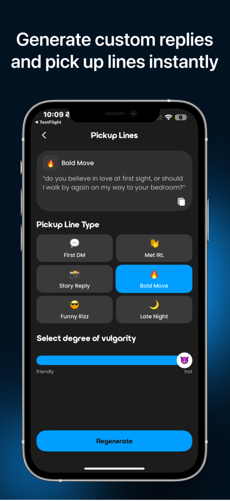 Bagged AI: Pickup Lines & Rizz - Interface do aplicativo móvel Bagged AI mostrando categorias de cantadas e um controle deslizante de nível de vulgaridade para rizz personalizado.