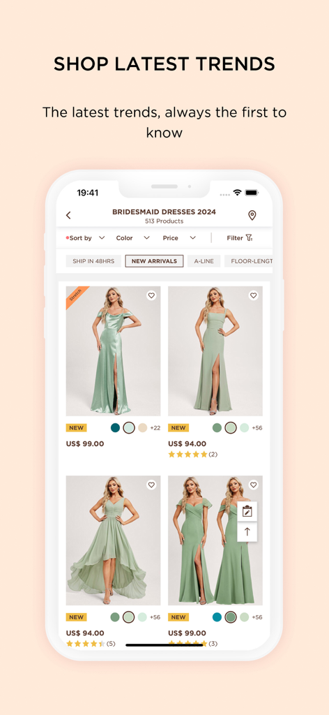 Interfaz de la app móvil de JJ's House que muestra una colección de vestidos de dama de honor 2024 en verde salvia con precios y valoraciones.