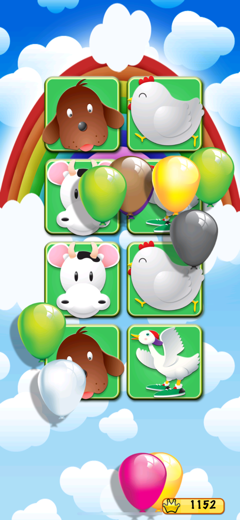 Farm Match for Kids & Toddlers - Toddler matching game with farm animal cards and colorful balloons against a rainbow sky