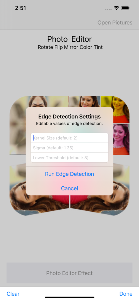 Interface of the Photo Editor app showing the edge detection settings dialog with adjustable parameters