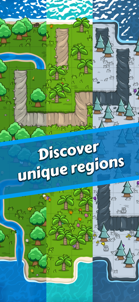 A comparison of three distinct game regions in Paragon Pioneers 2 featuring temperate forests, tropical islands, and snowy winter landscapes