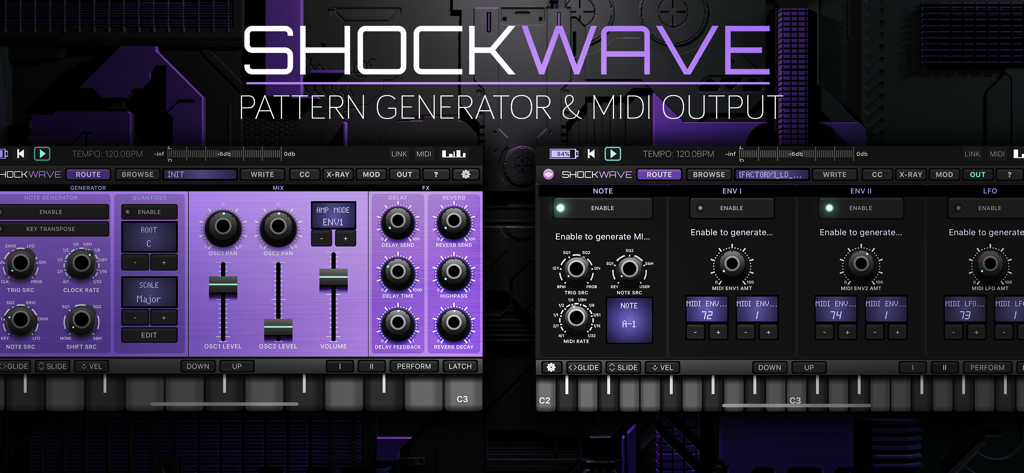 Interface of the ShockWave synth module showing the pattern generator and MIDI output controls