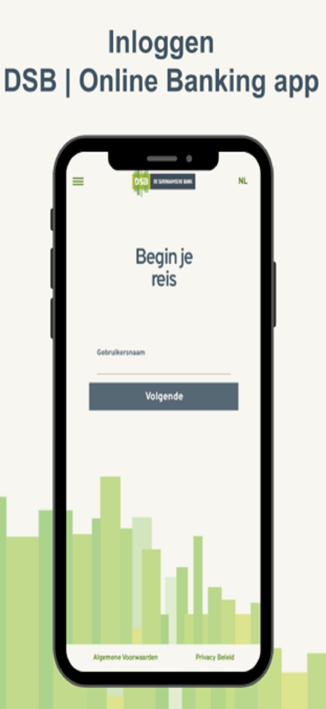 Schermata di accesso dell'app DSB Mobile Banking che mostra il campo di inserimento del nome utente in olandese