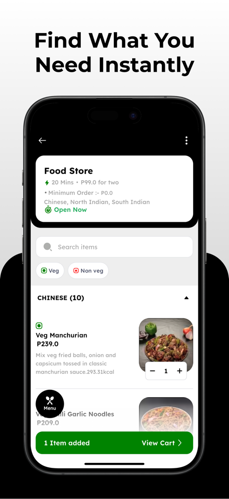 Zebras Groceries & Food - Mobile app interface of Zebras Groceries and Food showing a Chinese cuisine menu and an item added to the cart.
