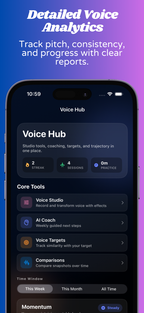 DeepVoice: AI Voice Coach - DeepVoice app dashboard showing voice analytics, streak counts, and core tools like AI Coach and Voice Studio.