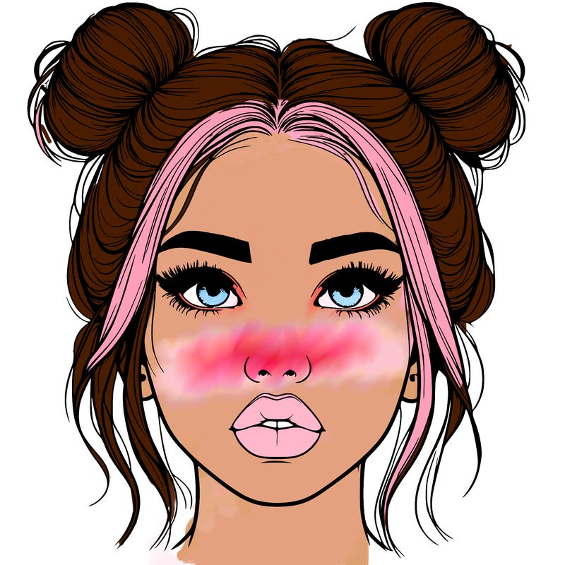 realistic girl with two buns on her hair and lips