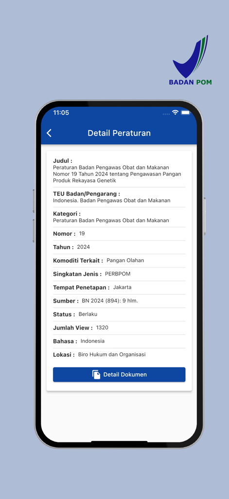 BPOMモバイルアプリのスクリーンショット。Detail Peraturan（規制詳細）画面で、インドネシアの食品および医薬品規制に関する情報が表示されています。