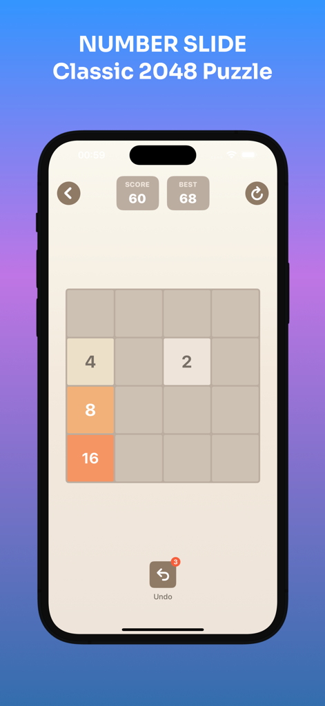 Smartphone screen showing the Number Slide classic 2048 puzzle game within the Game Box app.