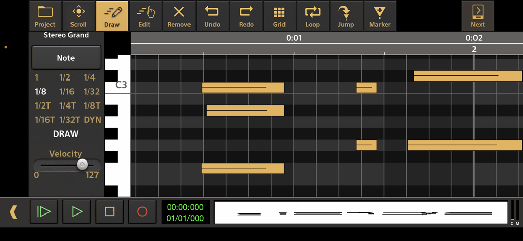 MIDI piano roll editor in Audio Evolution Mobile Studio showing a sequence of notes for a Stereo Grand piano
